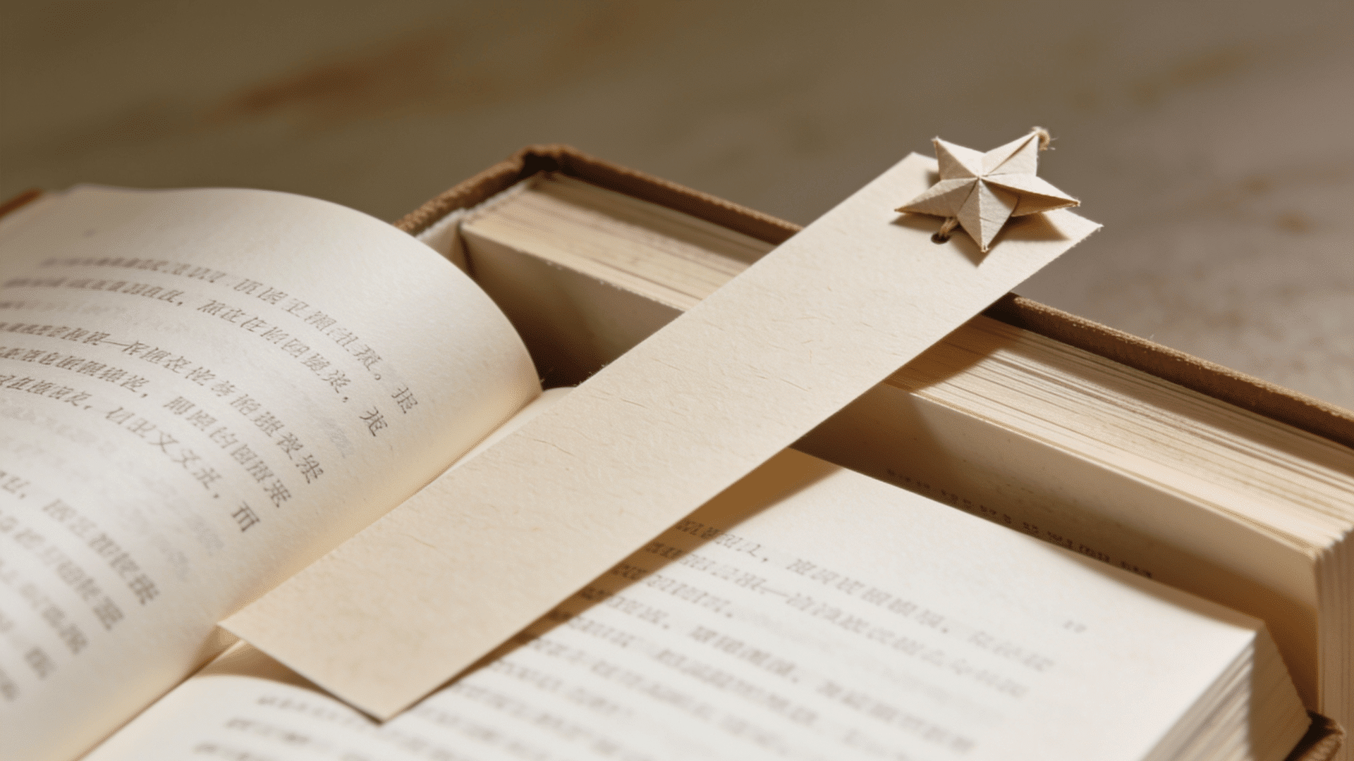paper bookmark with a small handmade paper star placed inside an open book, creating a simple and creative reading accessory