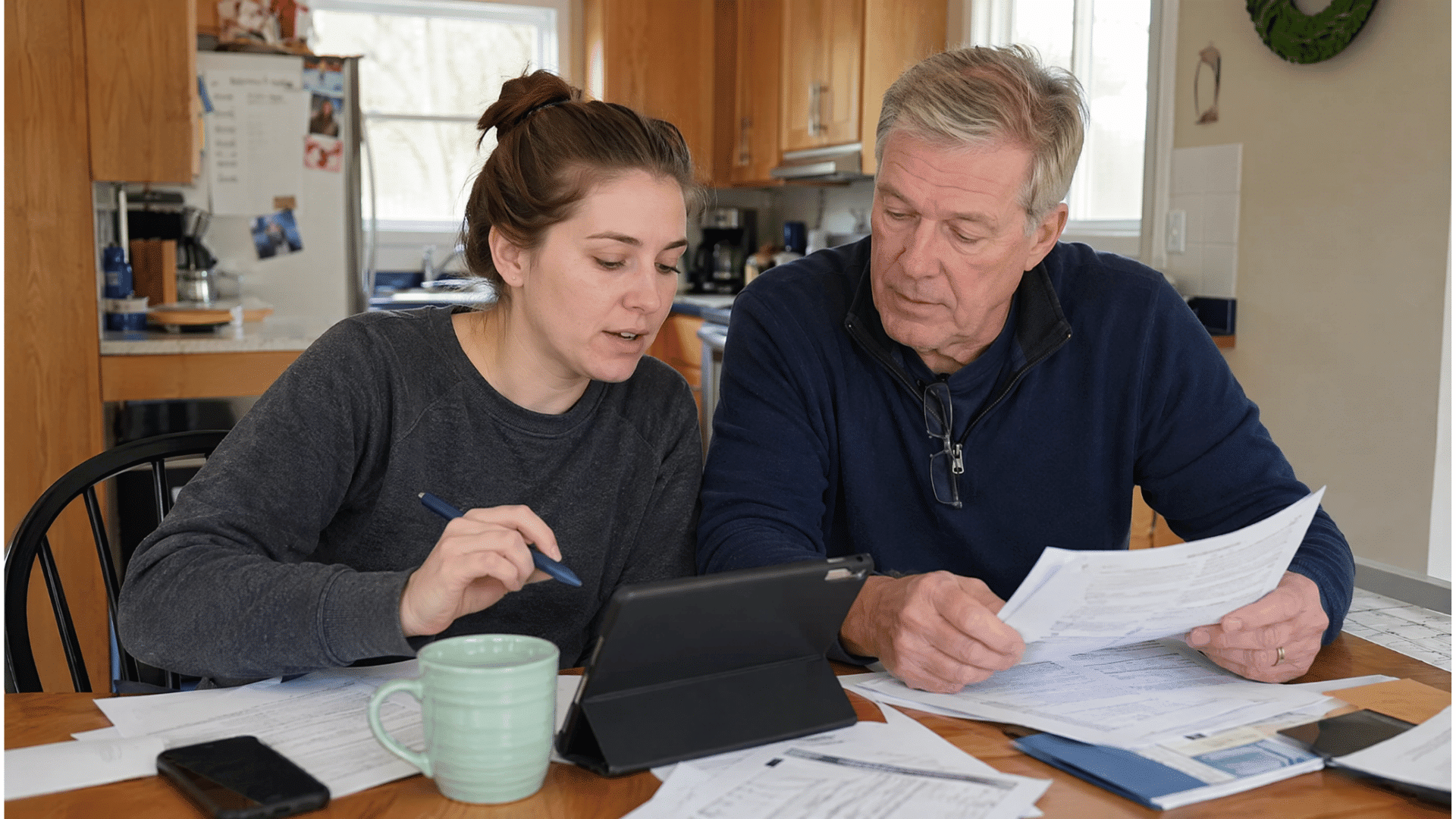 parent and adult child reviewing tax documents together at a kitchen table in an american home