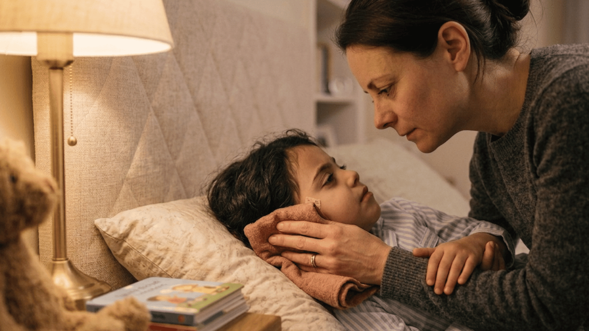 parent applying warm compress to child ear in bed for nighttime ear pain relief care