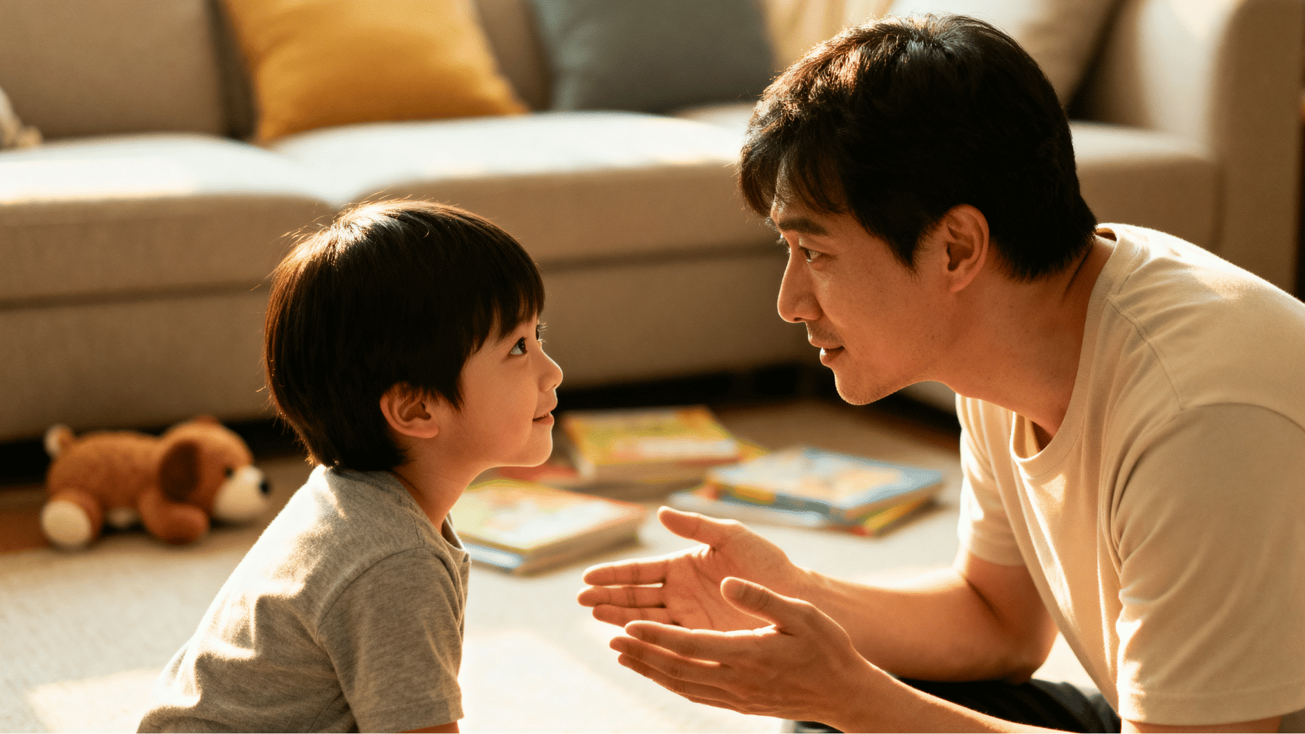 parent gently explaining rules to a child in a cozy living room, showing warm and supportive parenting.
