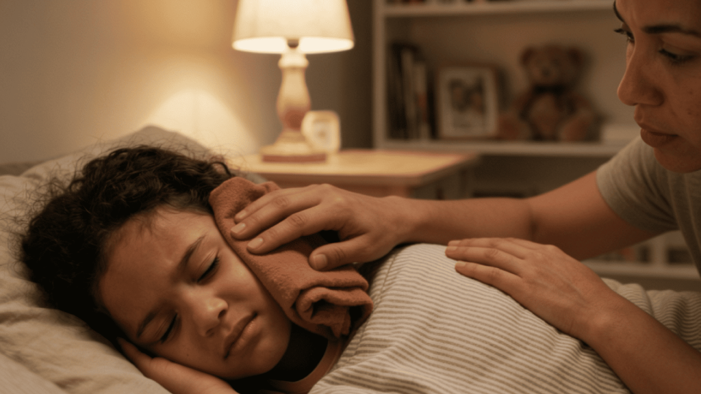 parent gently holding warm compress to child ear in bed during nighttime ear pain relief care scene