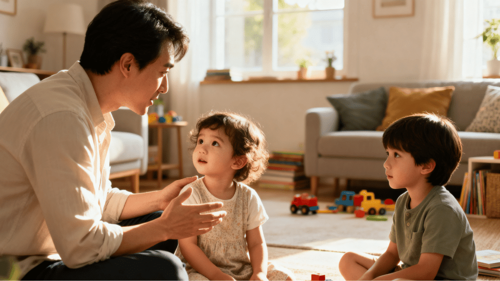 parent gently talking with two children in a bright living room, showing calm guidance and warm family connection during playtime.