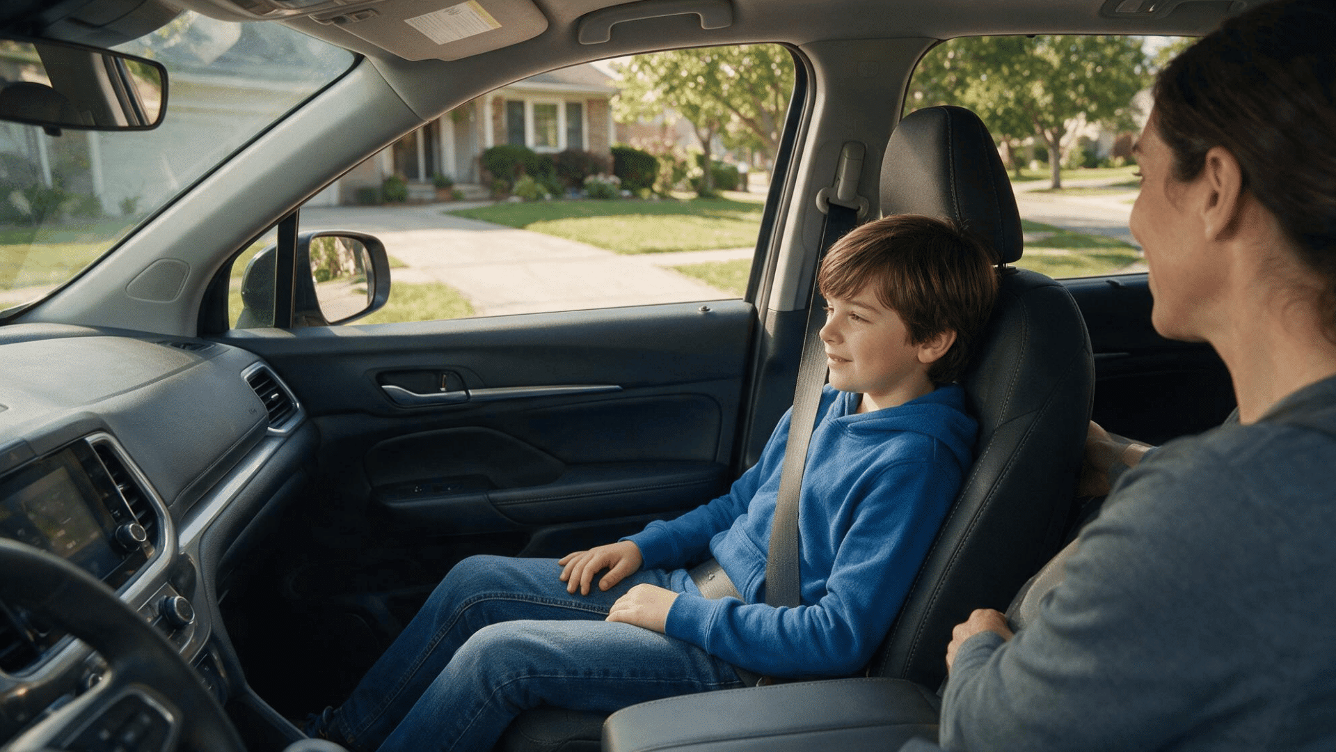 parent checking child safely seated in front passenger seat of family suv