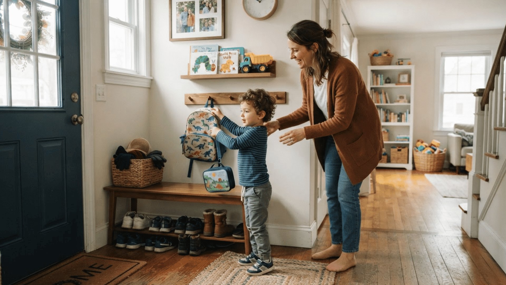 parent helping child practice preschool routines at home before school