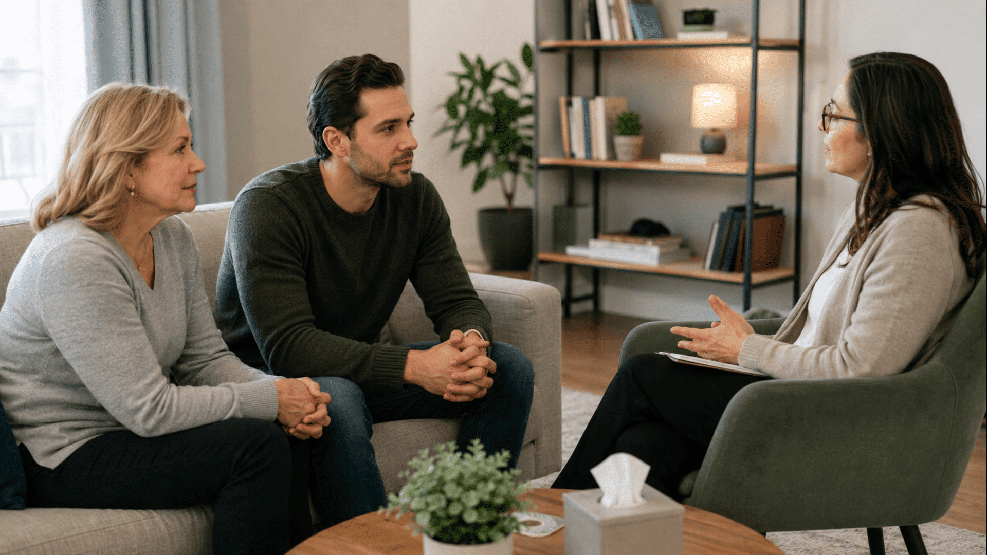 parents discussing family concerns with a counselor during a therapy session in a cozy living room