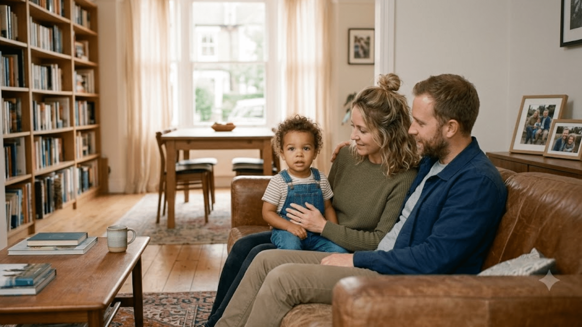 parents sitting with their adopted young child on a leather sofa in a warm and welcoming family home