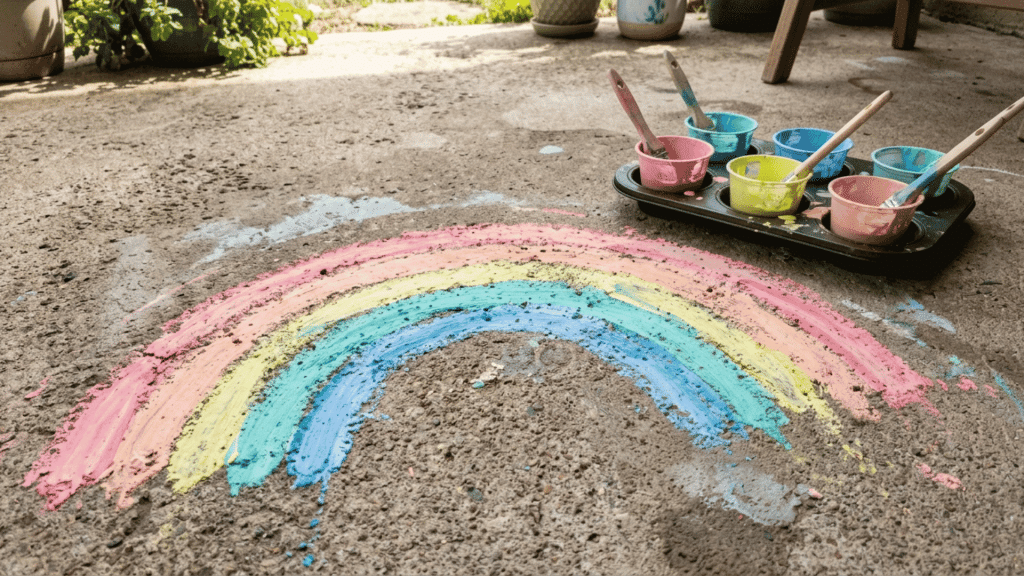 pastel chalk paint colors in tray with brushes creating a handmade rainbow craft on concrete floor
