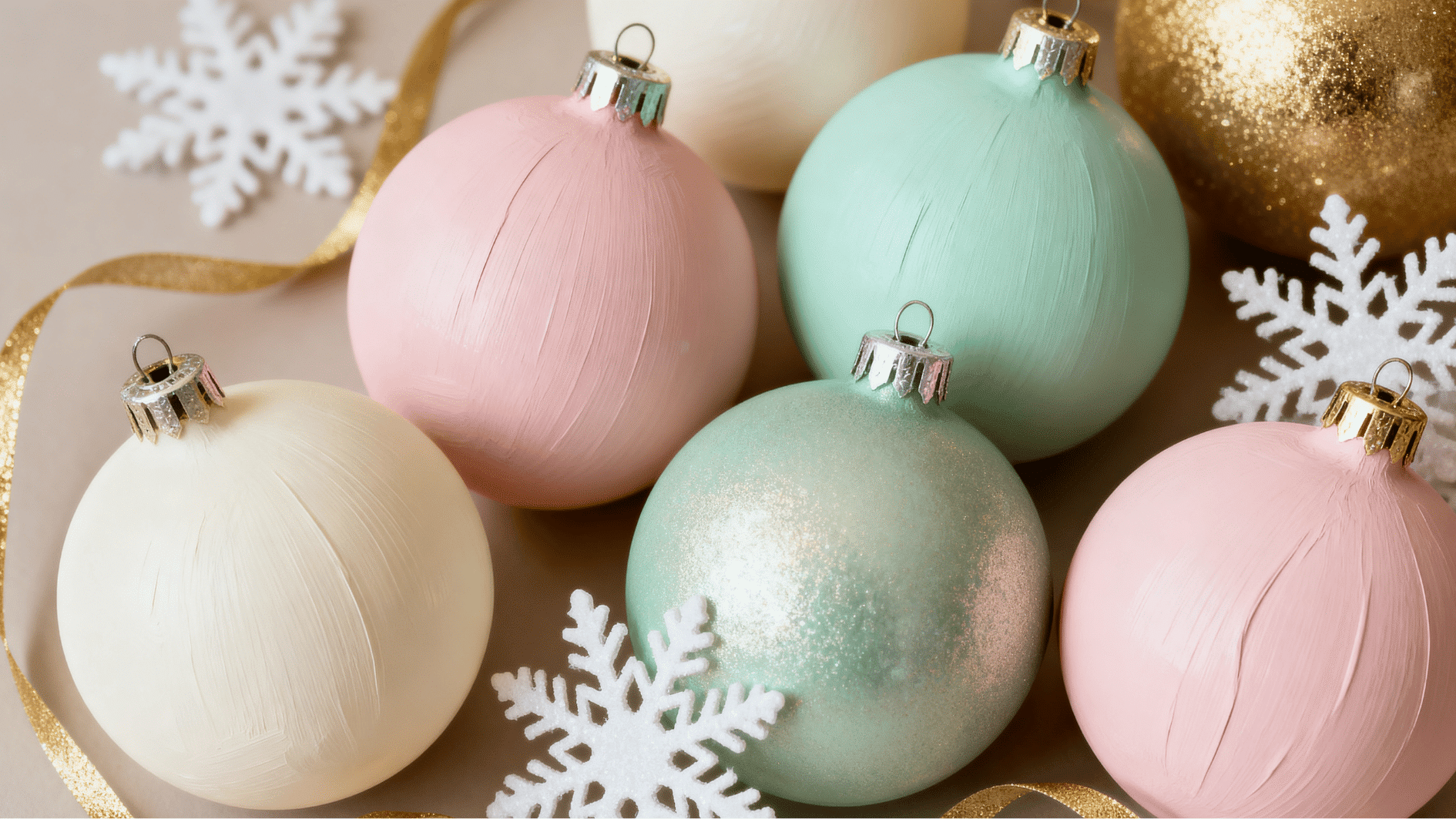 pastel christmas baubles in pink mint and gold tones decorated with lace snowflakes and glitter on ribbon festive holiday decor