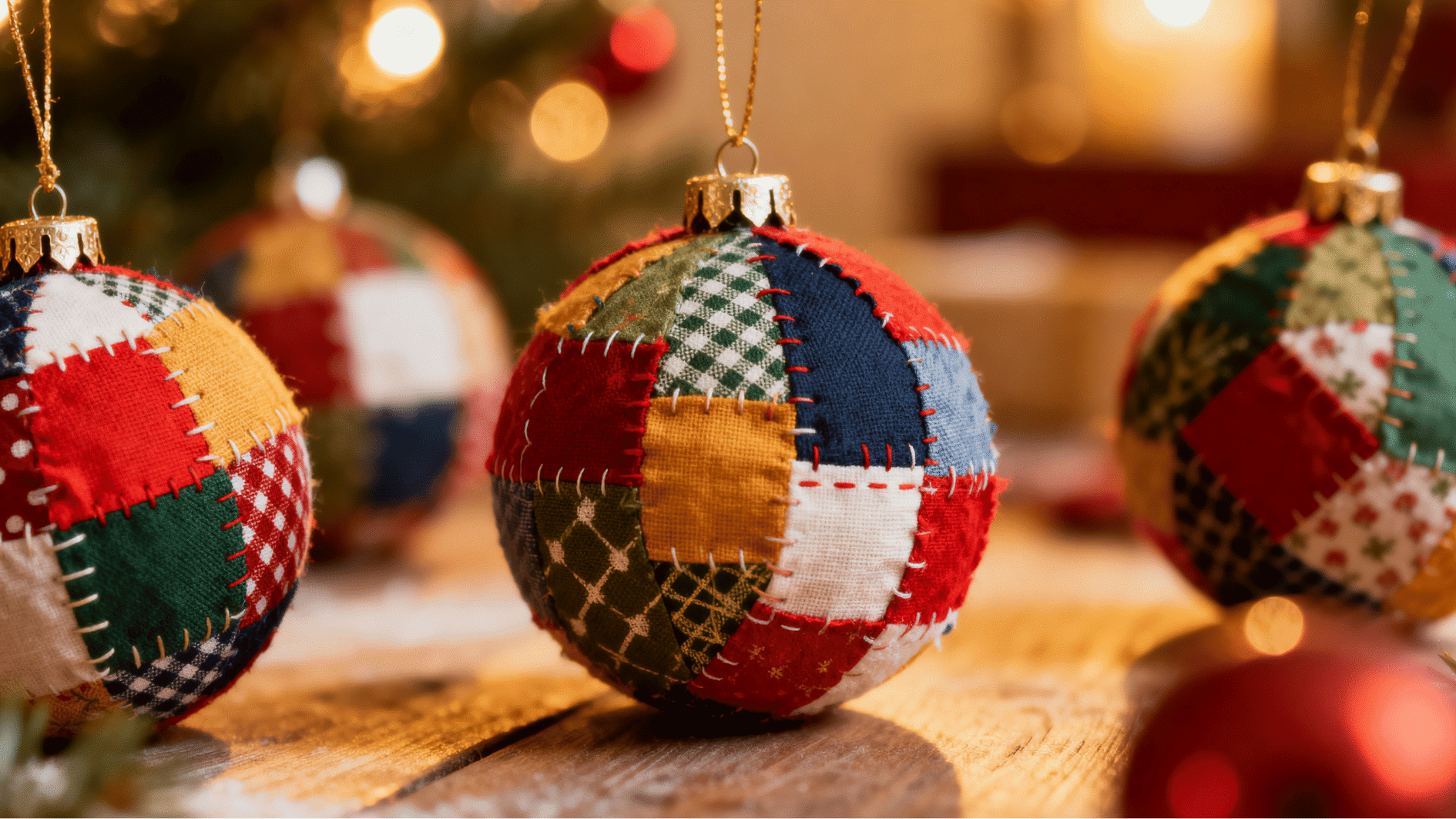 patchwork fabric christmas baubles hanging on a branch with warm bokeh lights in background rustic cozy holiday decor scene