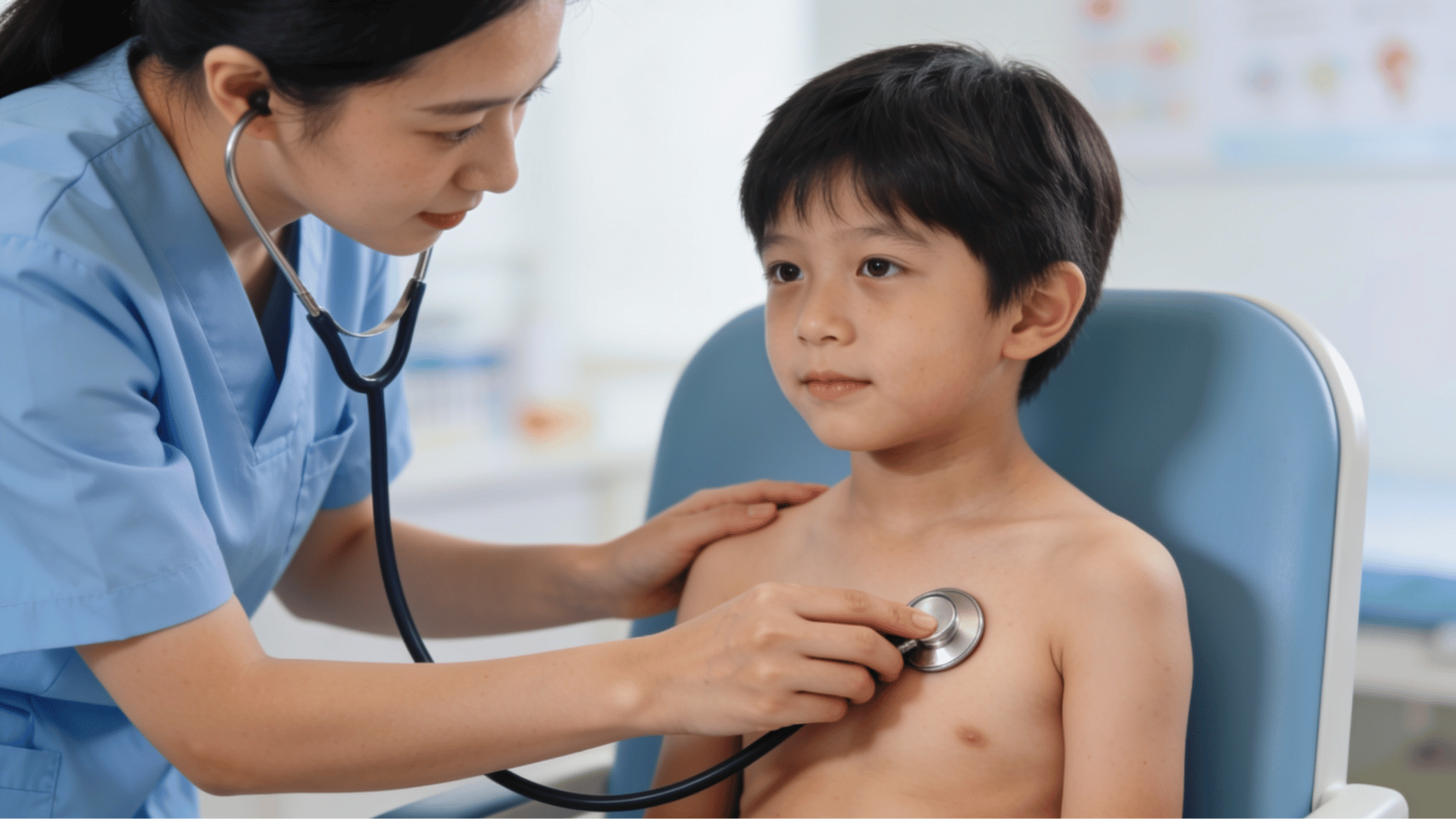 pediatric nurse pressing stethoscope to young child's chest in calm clinical setting