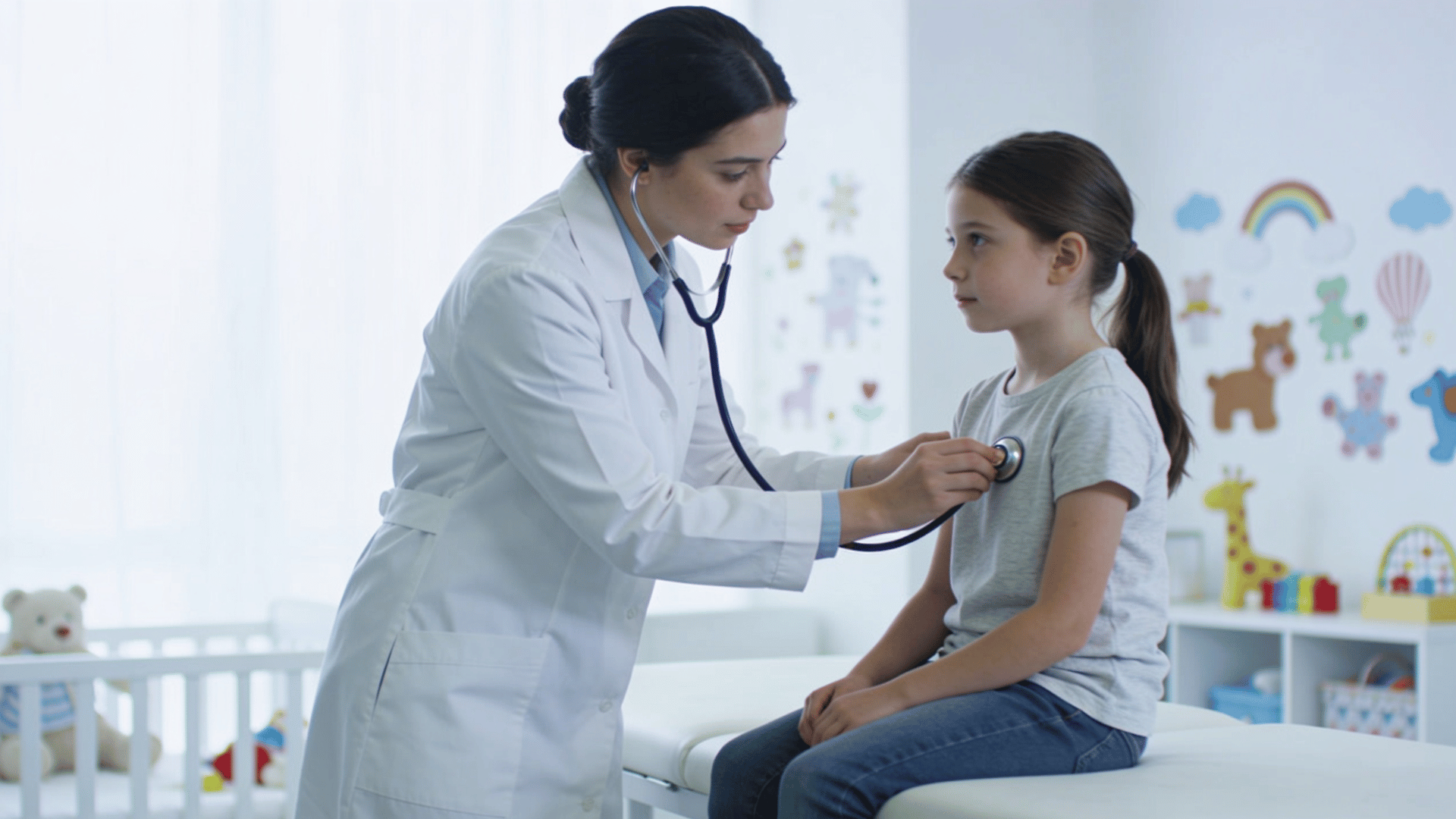 pediatrician in white coat using a stethoscope to examine a young girl sitting on an exam table in a bright clinic