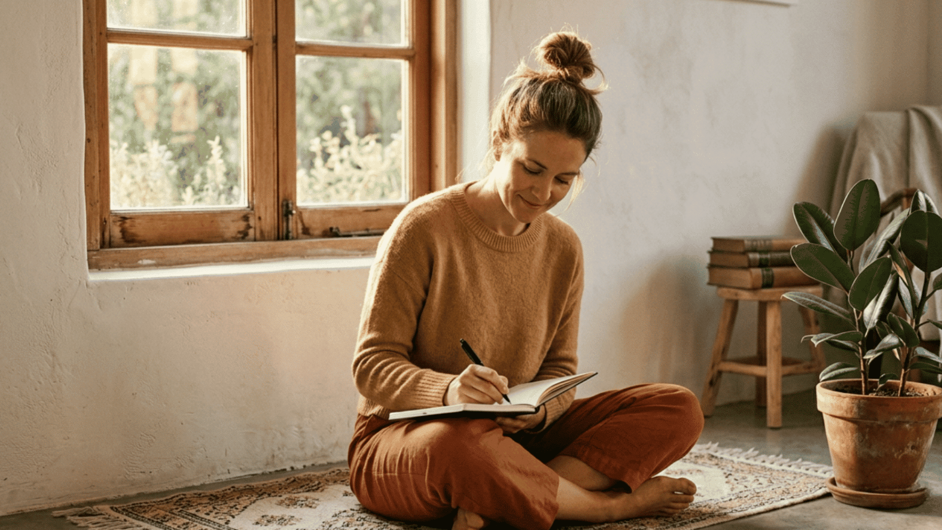person writing in a journal while sitting on a rug in a cozy room with window and houseplant