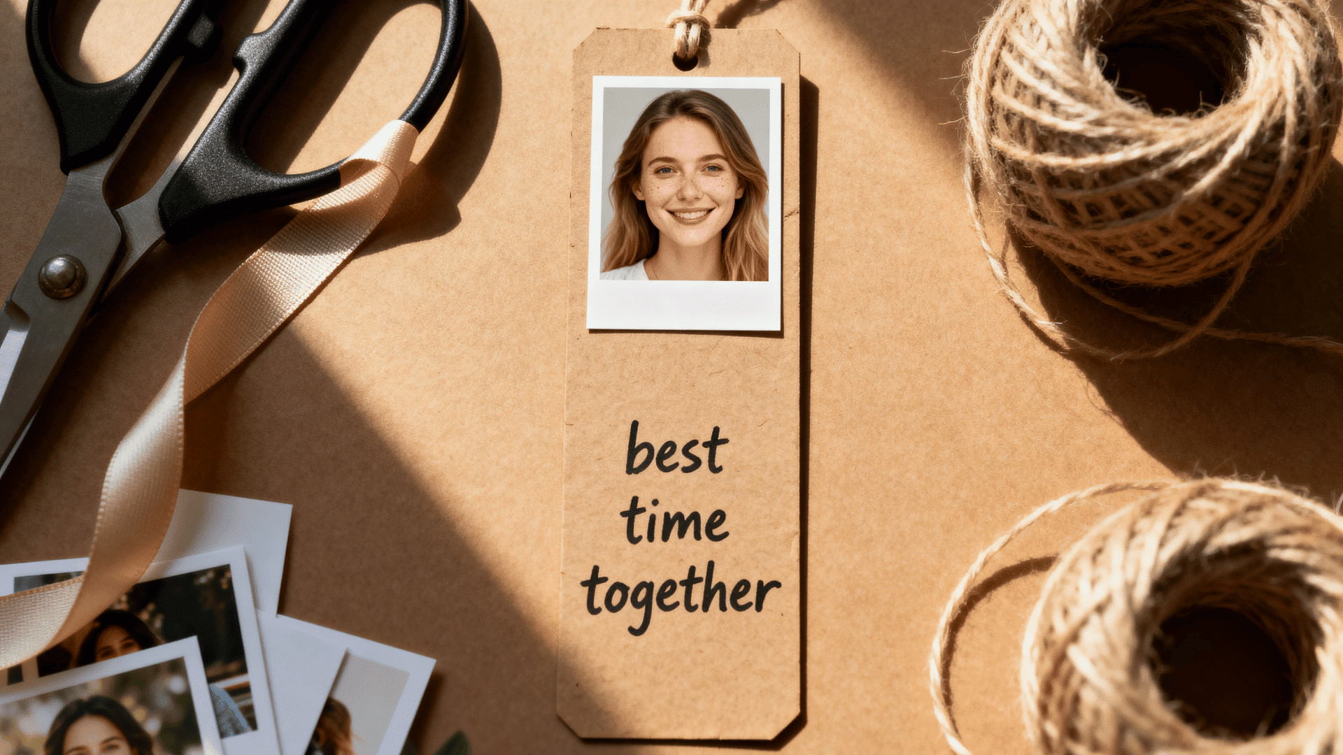 personalized photo memory bookmark with printed image and ribbon displayed beside creative handmade materials