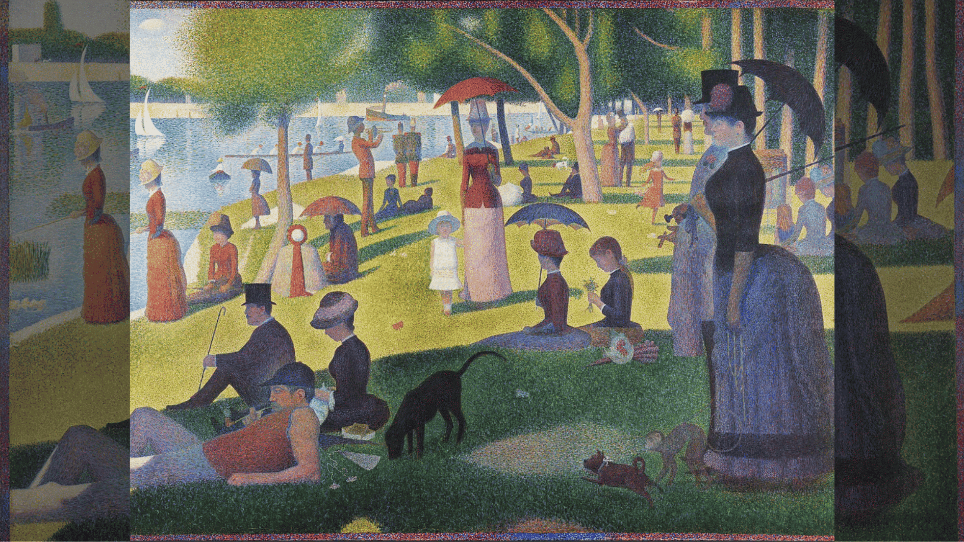 Pointillist painting of people relaxing in a park beside a river with trees and dotted light texture (1)