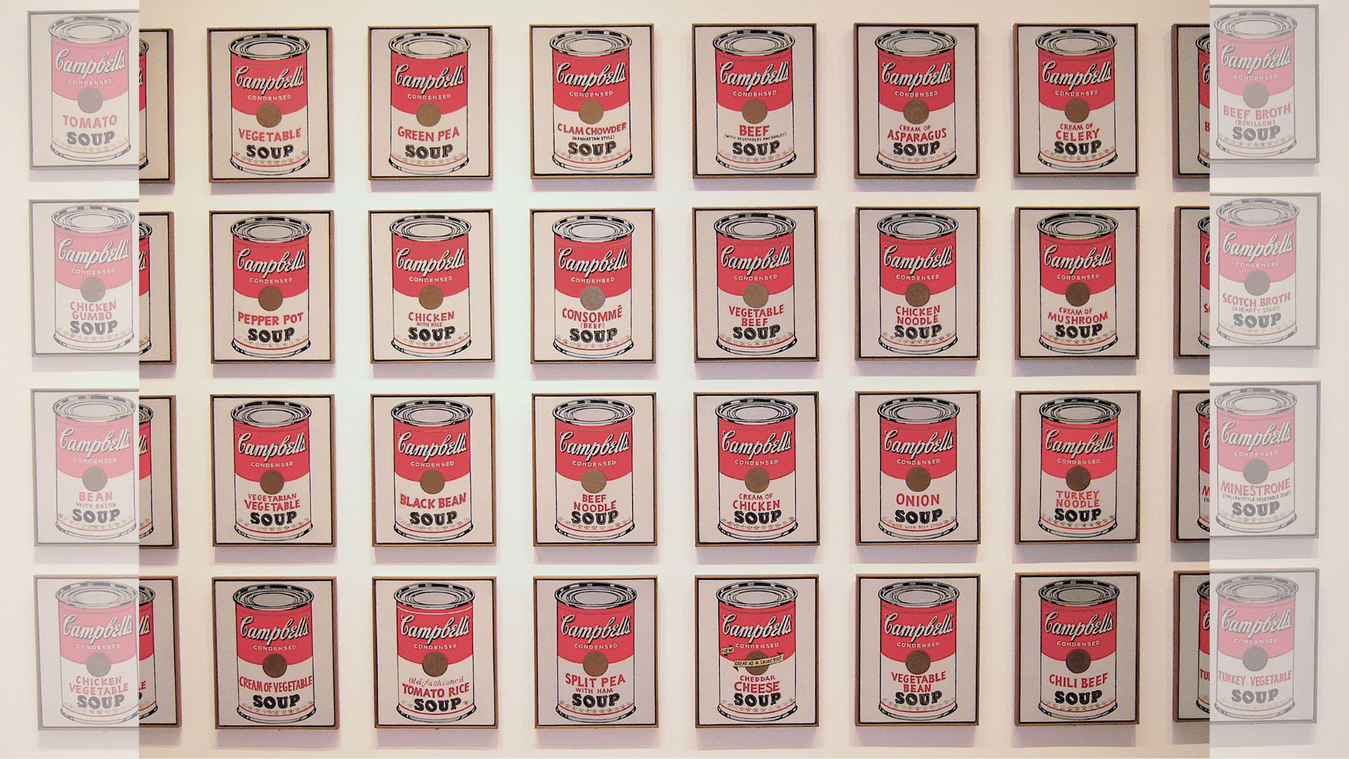 Pop art grid of Campbell soup cans in repeated rows with bold red and cream colors