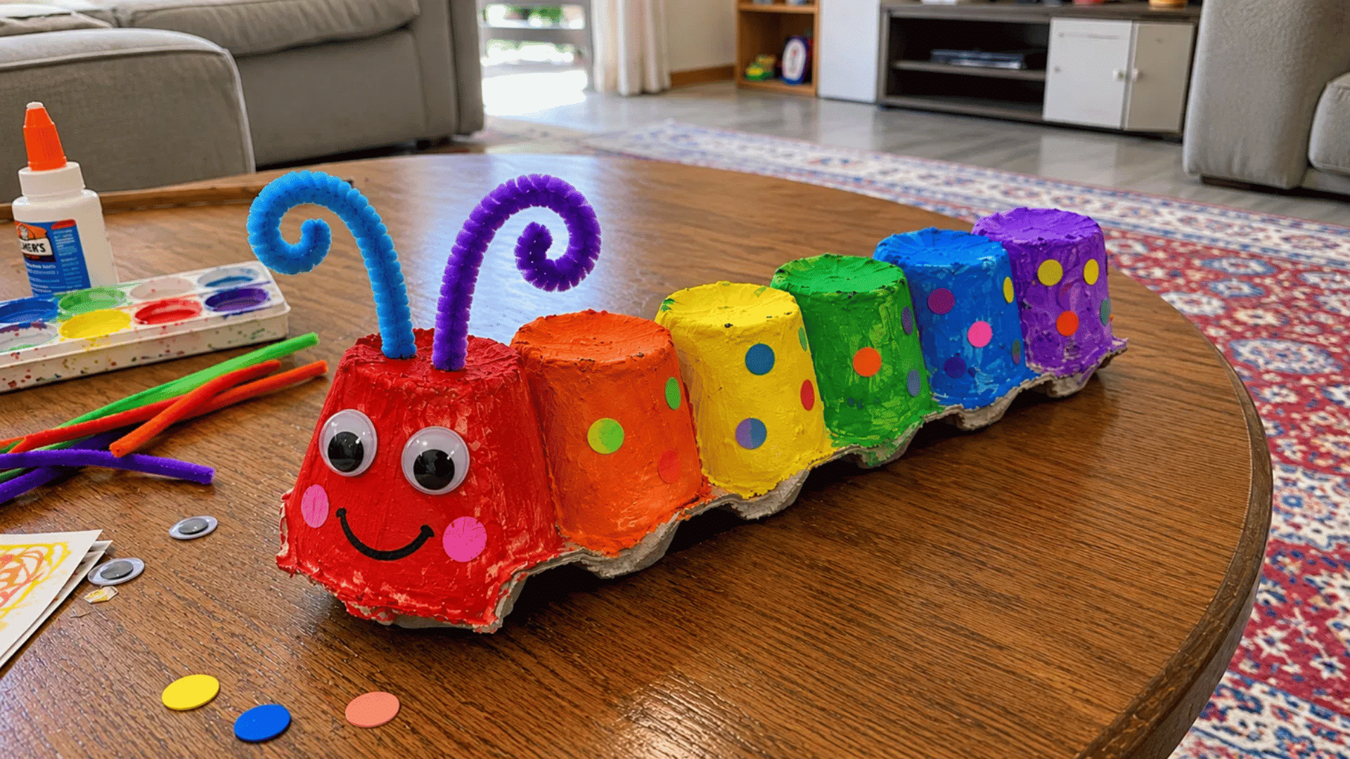 rainbow egg carton caterpillar craft with googly eyes and pipe cleaner antennae on a table