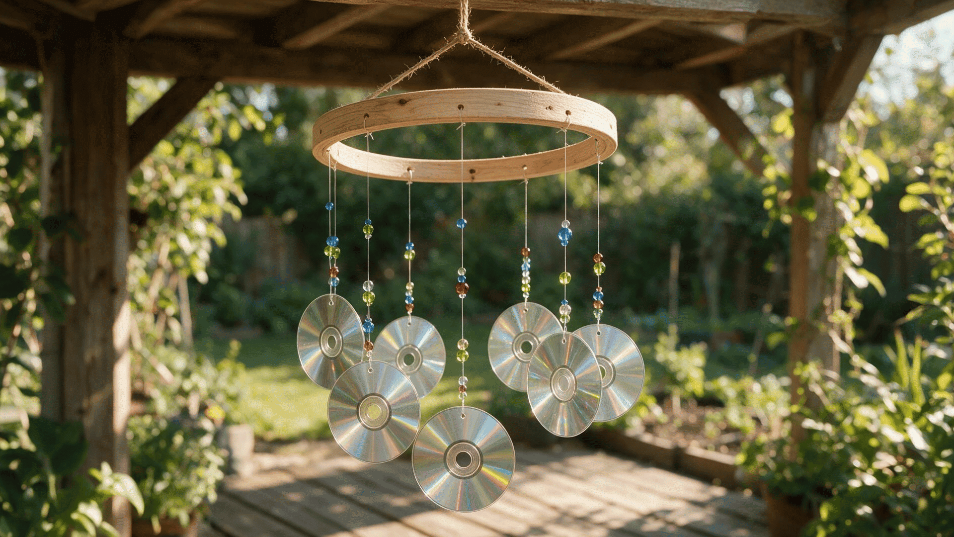 realistic recycled cd wind chime with colorful beads hanging from a wooden hoop on a sunny garden patio