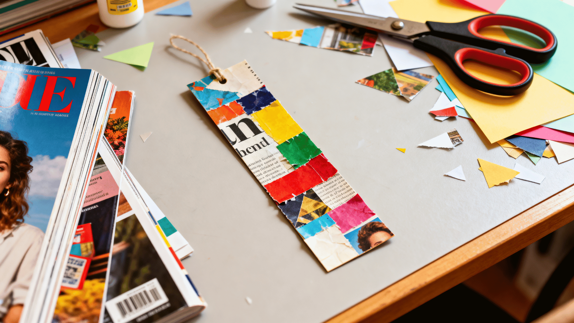 recycled magazine bookmark with colorful paper collage design displayed beside old magazines and craft tools