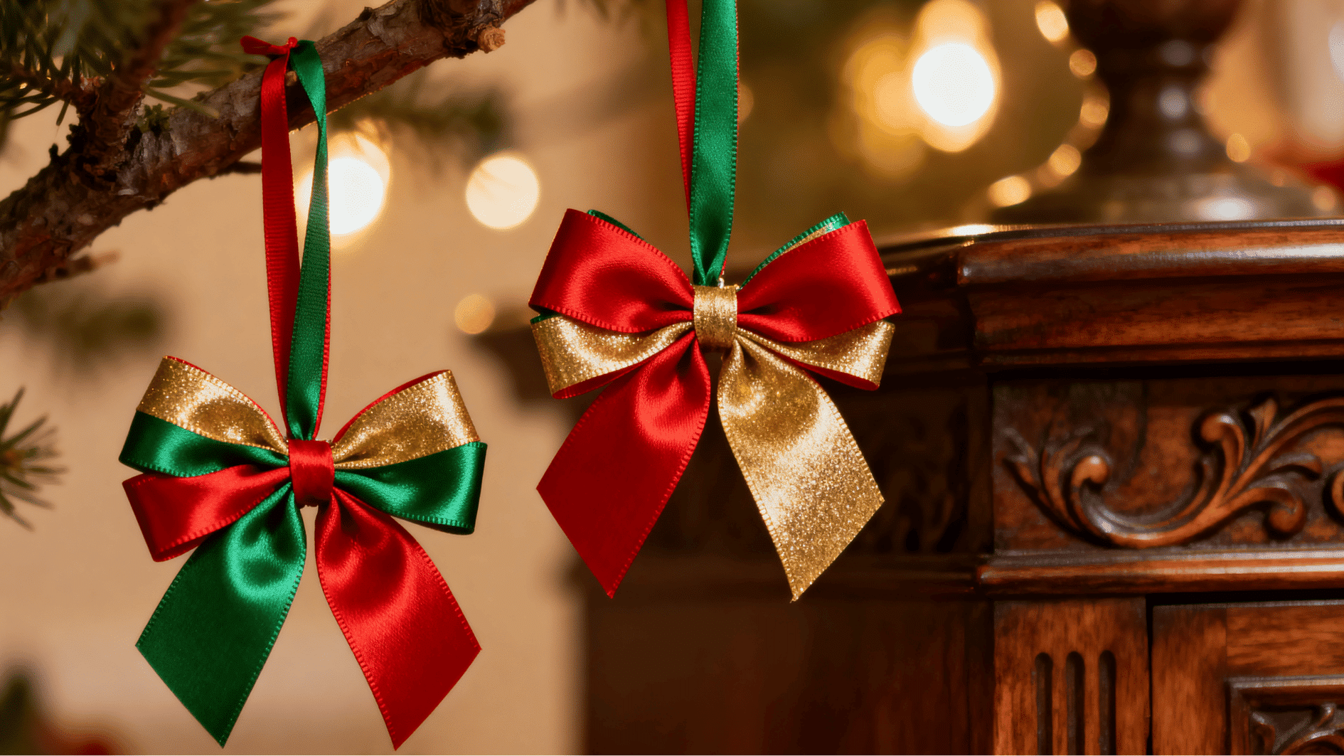 red green and gold satin ribbon bows hanging from rustic branch with blurred christmas lights and warm holiday indoor decor