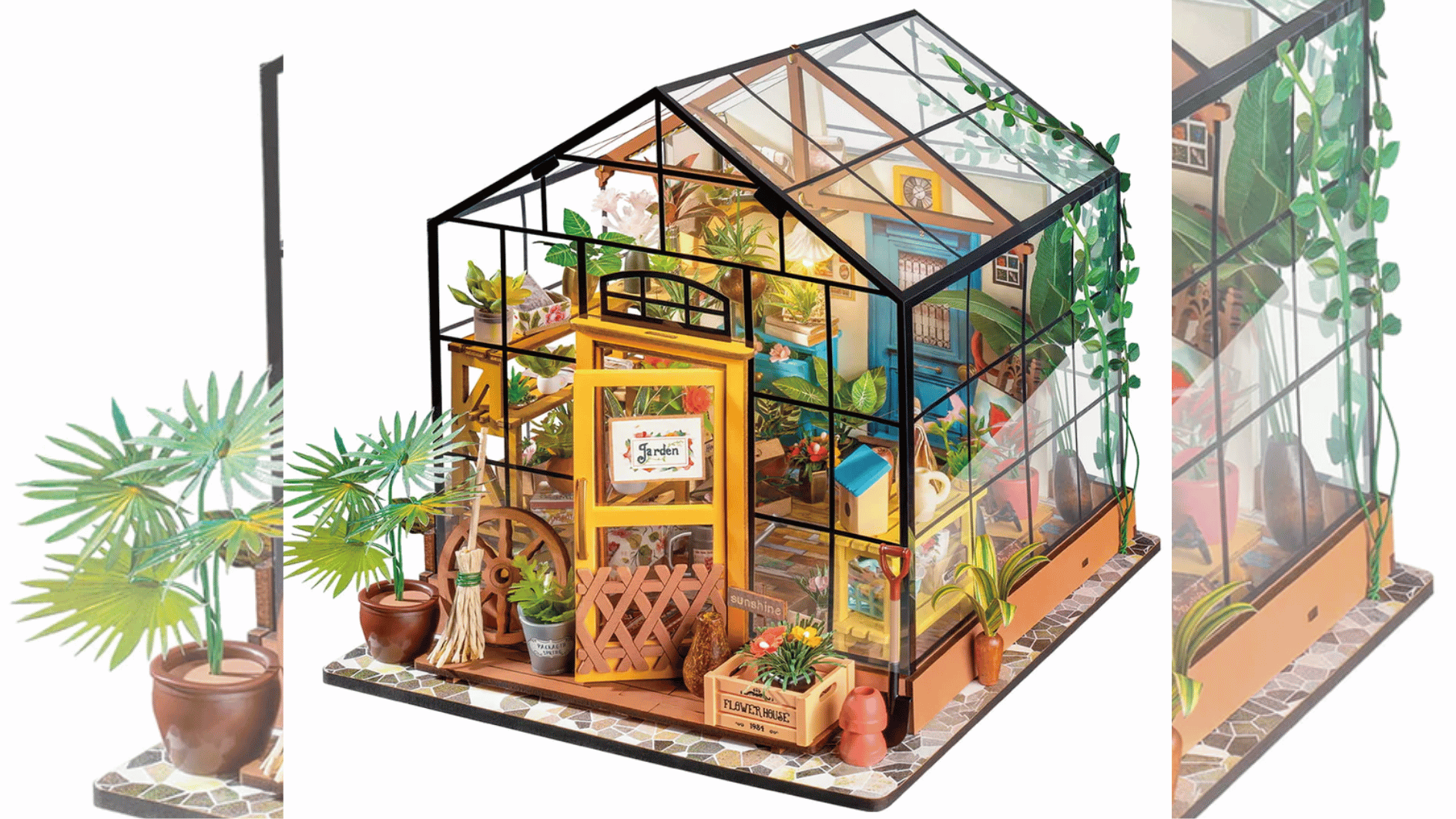 robotime cathy's flower house kit colorful on a blurred background