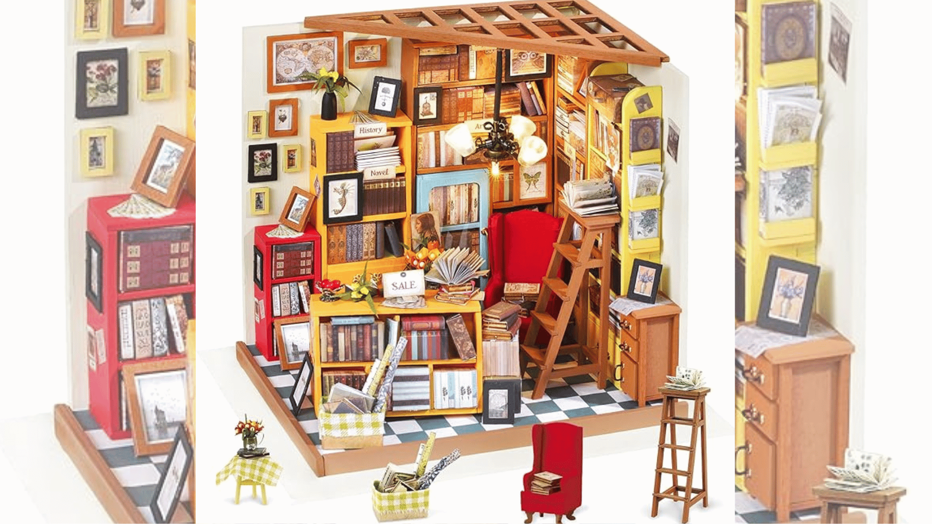 robotime sam's study wooden dollhouse kit colorful on a blurred background
