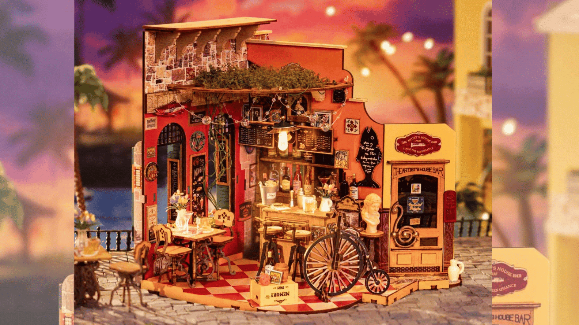 rolife dorothy's bar wooden dollhouse kit colorful on a blurred background
