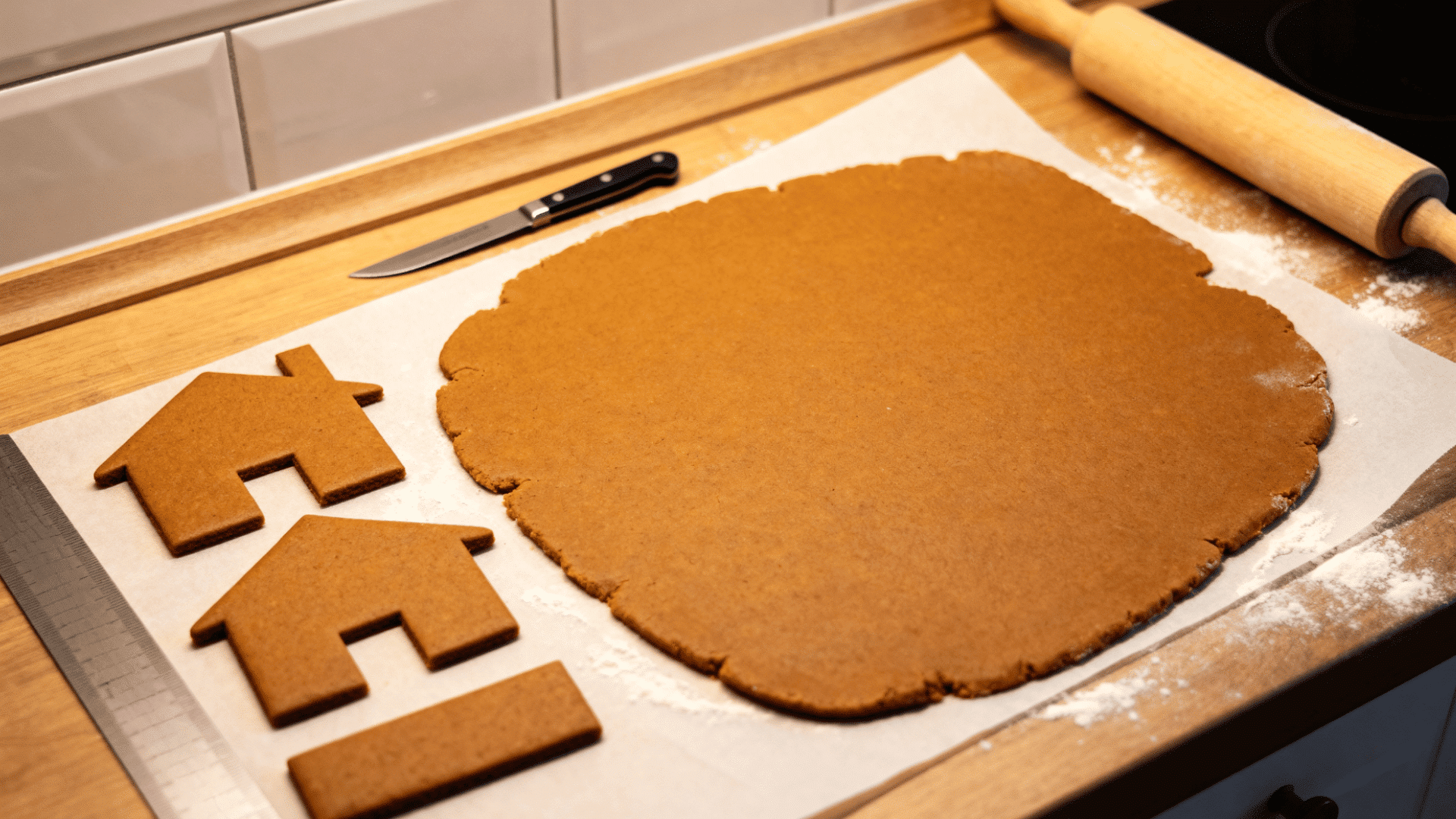 rolled gingerbread cookie dough cut into house shapes on parchment baking sheet with rolling pin nearby