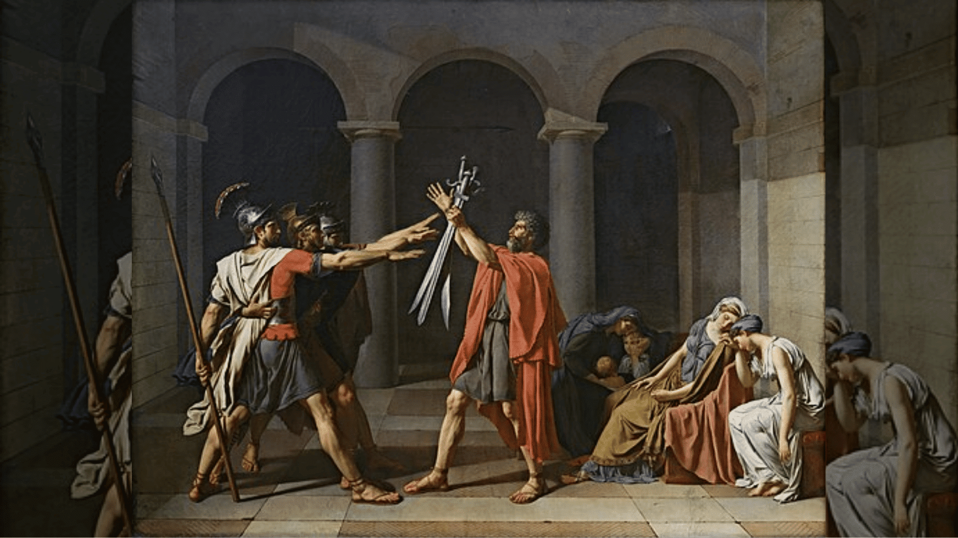 roman soldiers raise swords in classical hall while women grieve nearby under arched columns (1)