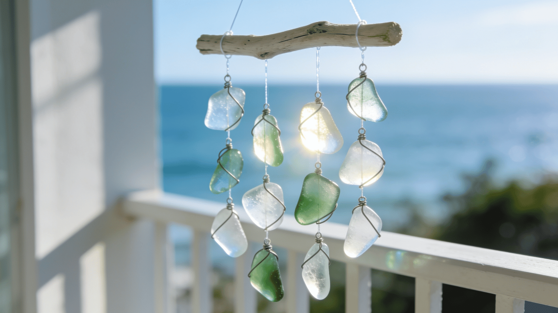 Sea glass wind chime with wire-wrapped blue and green glass hanging from driftwood in sunlight