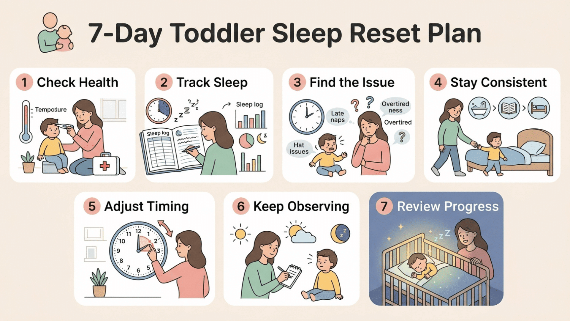 seven-panel toddler sleep plan showing health checks sleep tracking routine changes and progress review
