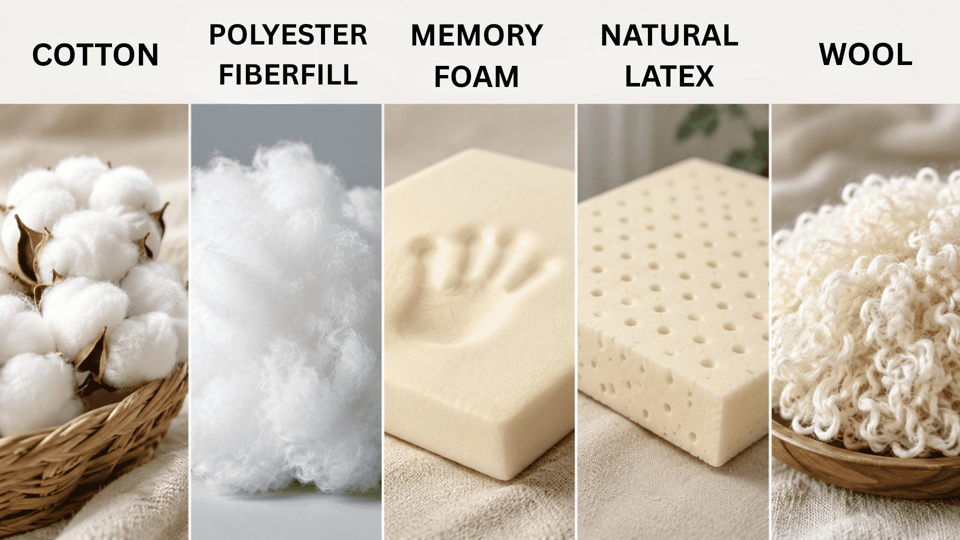 side by side image showing different fabrics that can be used to make toddler pillow with the name of each fabric