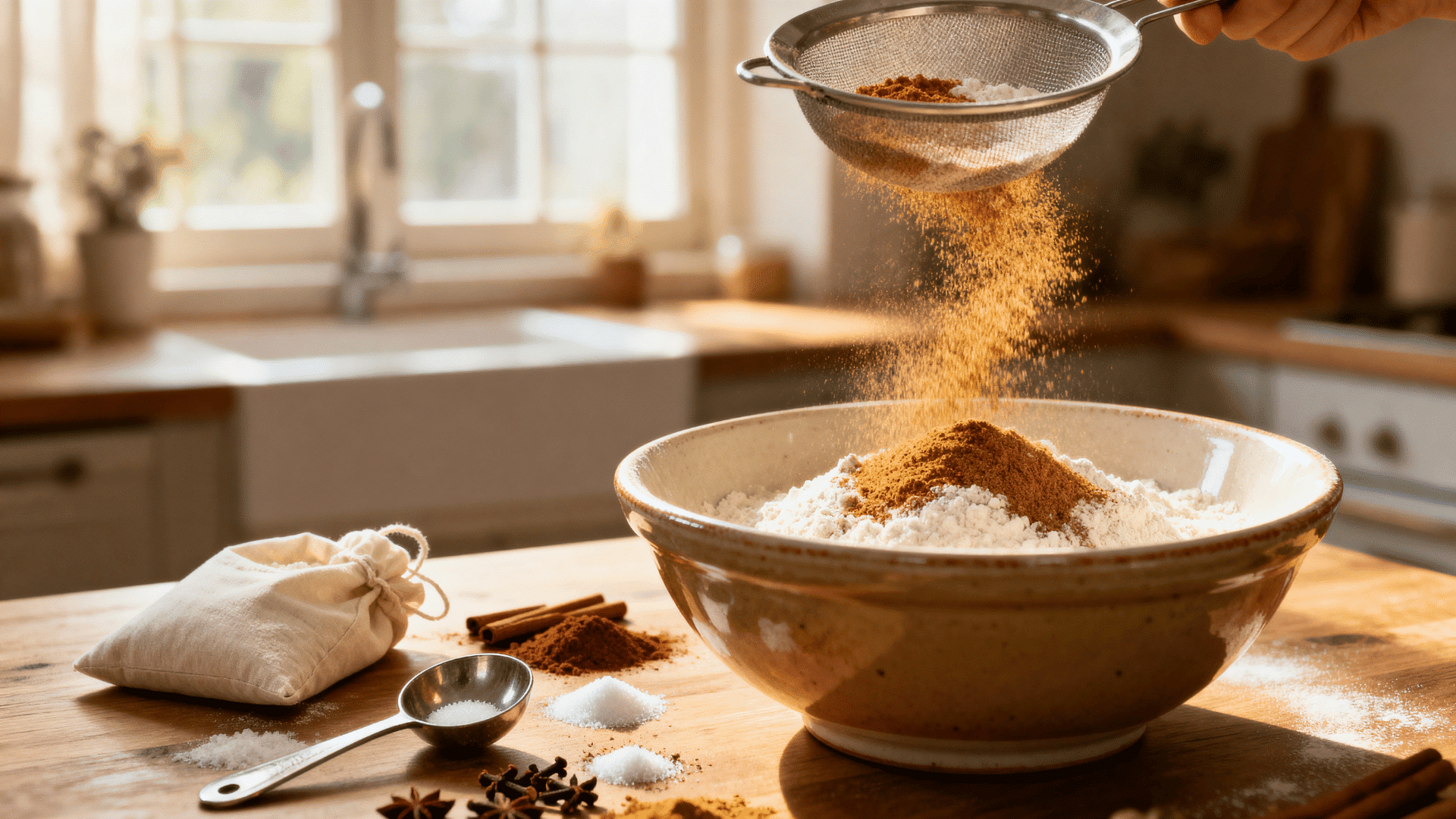 sifted flour and warm spices mixed in a bowl on a wooden counter for sturdy diy gingerbread house dough prephand wiping a white bathtub ledge with a blue cloth beside chrome faucet, subway tile wa