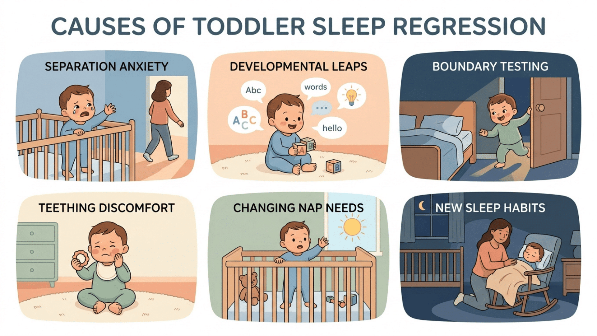 six-panel infographic showing common causes of toddler sleep regression through clear bedtime illustrations