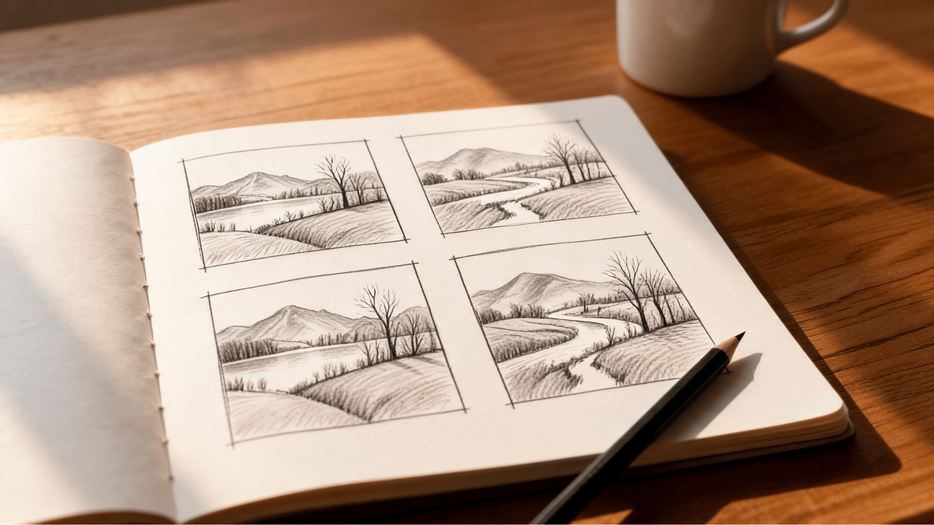 sketchbook showing four pencil landscape compo studies art