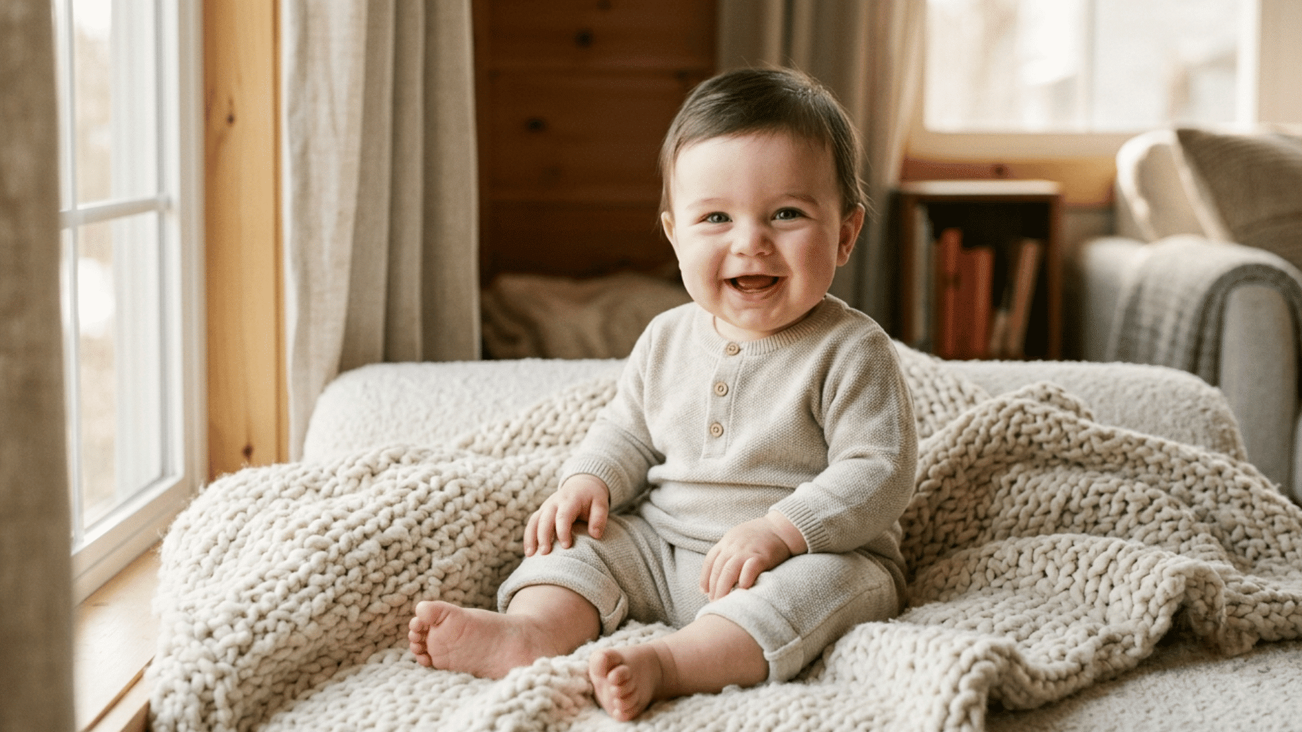 smiling baby boy in a cream knit outfit sitting on a chunky woven blanket by a sunlit window indoors