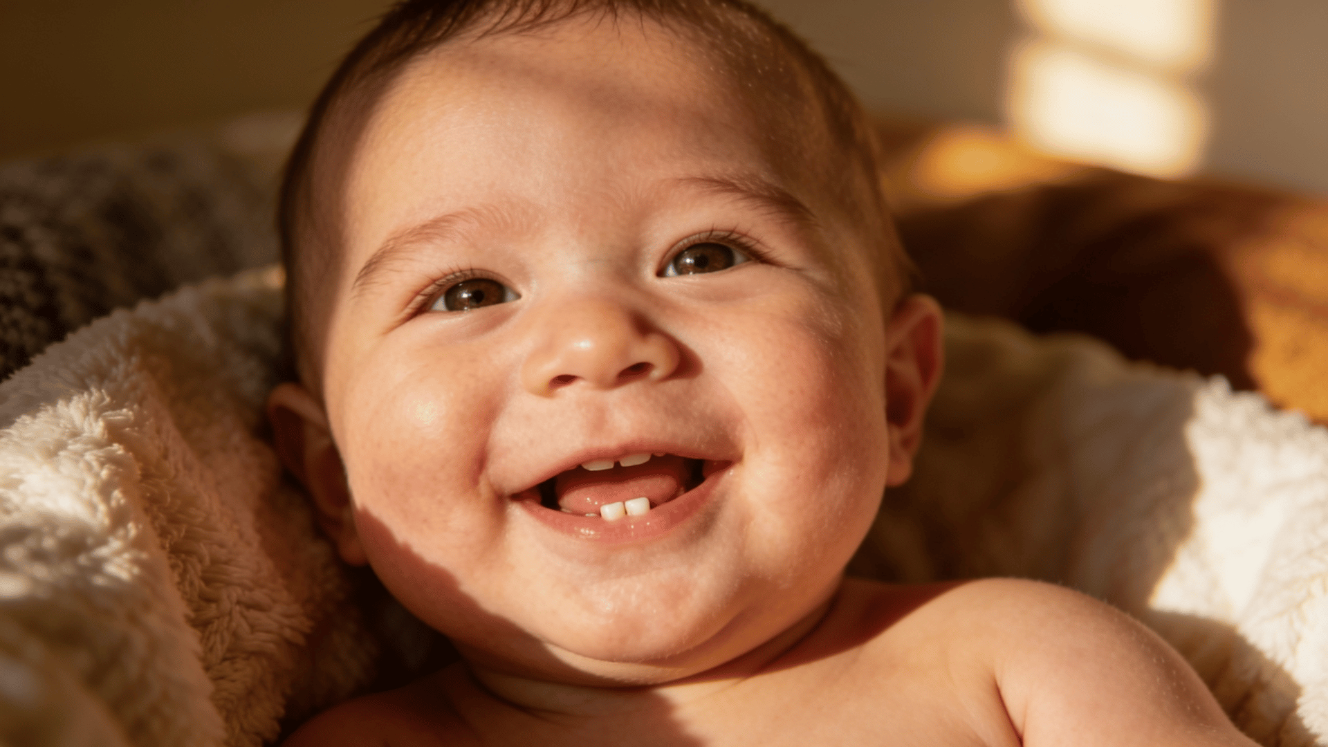 smiling baby showing first teeth during early teething stage with a cozy blanket and warm natural light