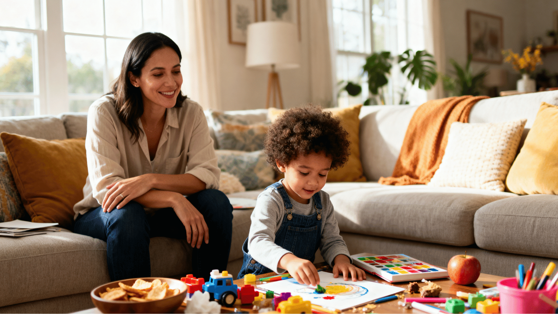 smiling parent watching child paint freely in a bright living room with toys and snacks around.