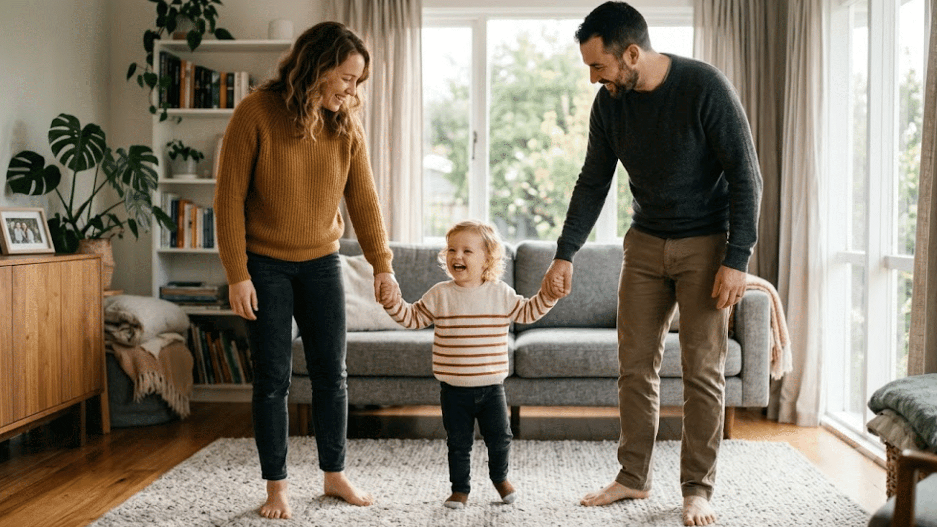 smiling parents holding their young adopted child at home while learning how much it costs to adopt a child
