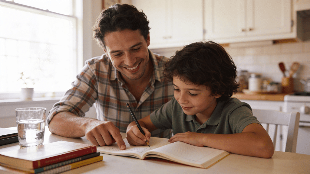 soft natural window light, cozy home atmosphere, books and a glass of water, a parent helping their kid do homework