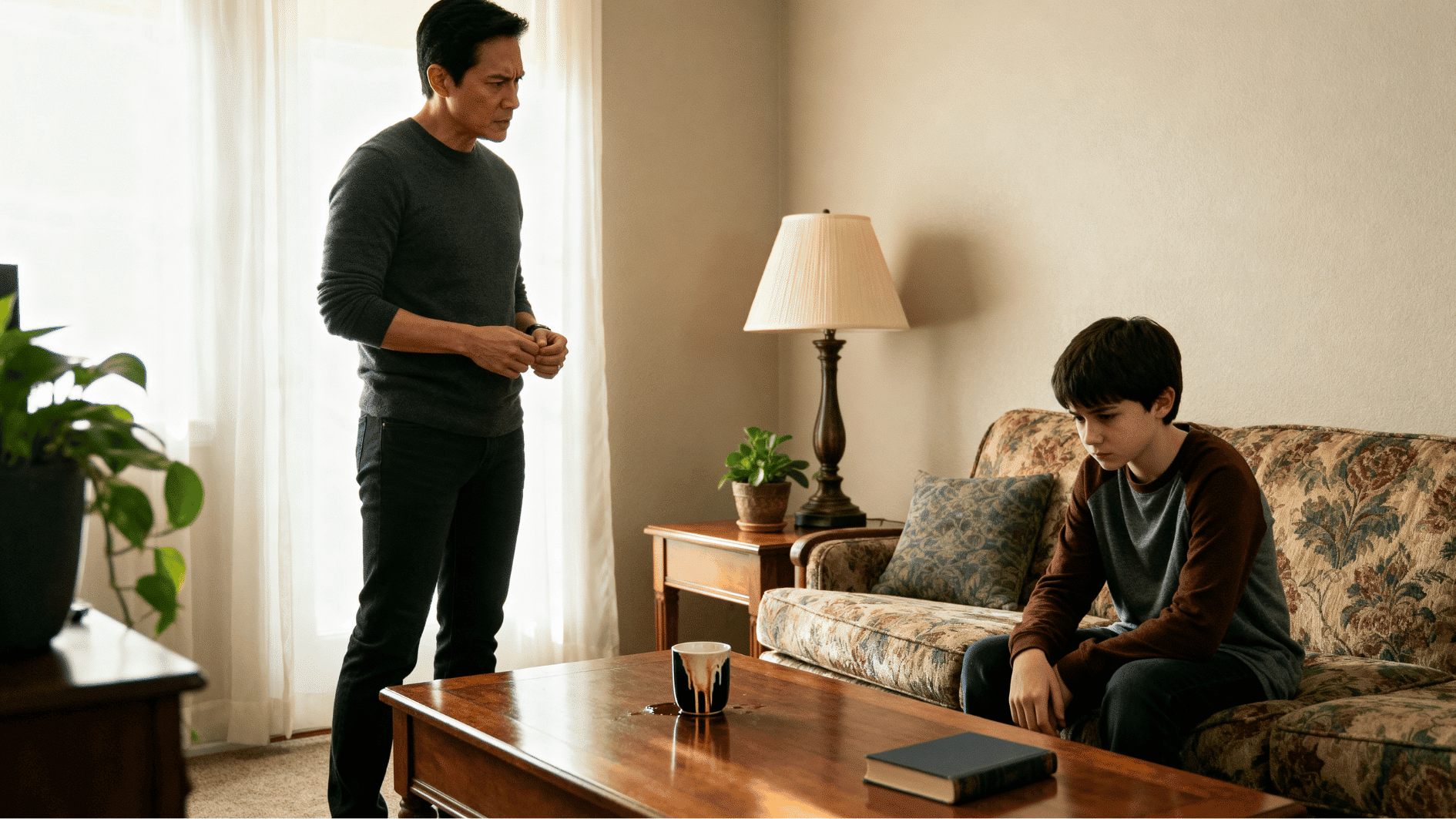 strict parent standing near a quiet child on the sofa, showing a tense parenting moment at home.