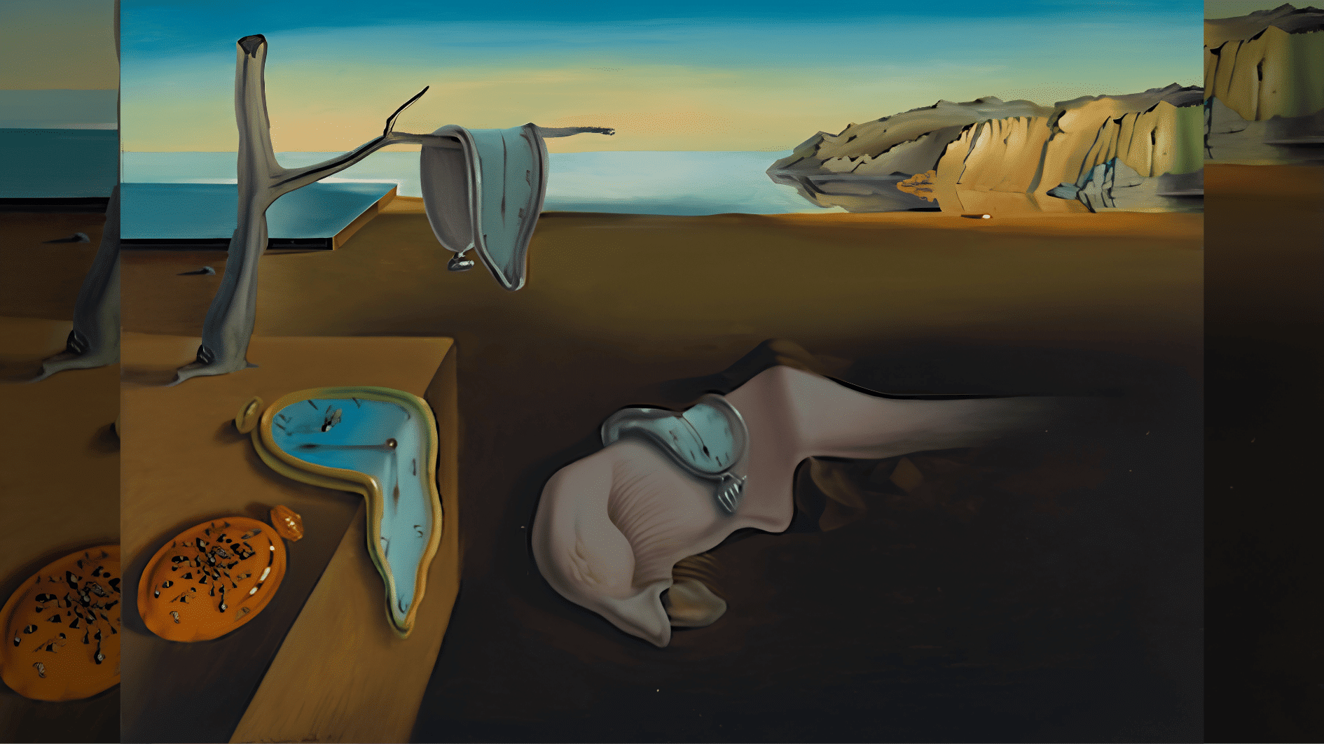 Surreal desert scene with melting clocks draped over rocks and a barren landscape under soft sky