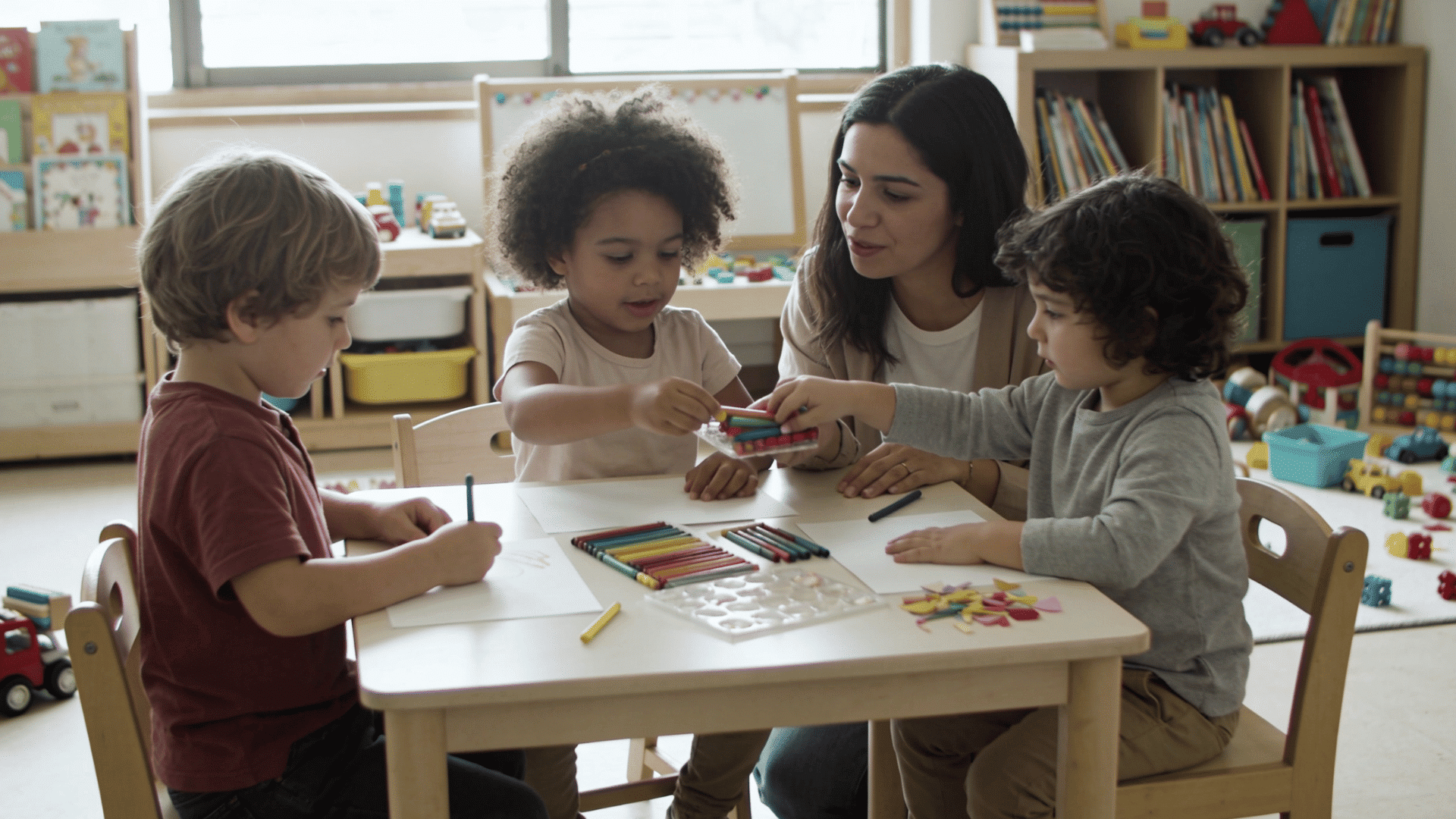 teacher helping children build blocks together during preschool classroom group learning activity