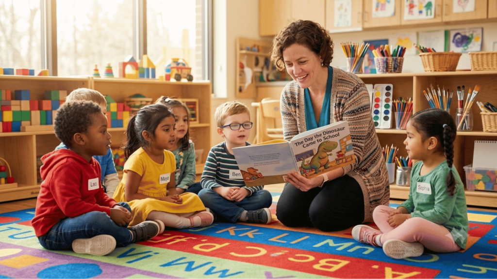 teacher reading a storybook to children during a classroom reading activity with kids sitting on a colorful learning mat
