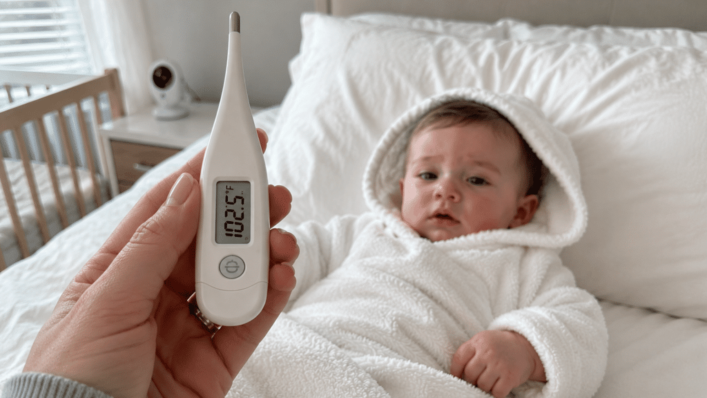 thermometer showing high fever of 102.5 f with a sick baby in a white hooded robe lying in bed