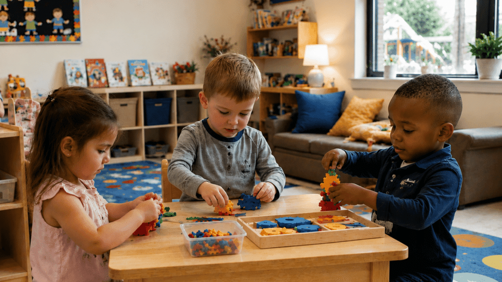 three preschoolers playing with colorful building toys at a wooden table in a bright daycare classroom