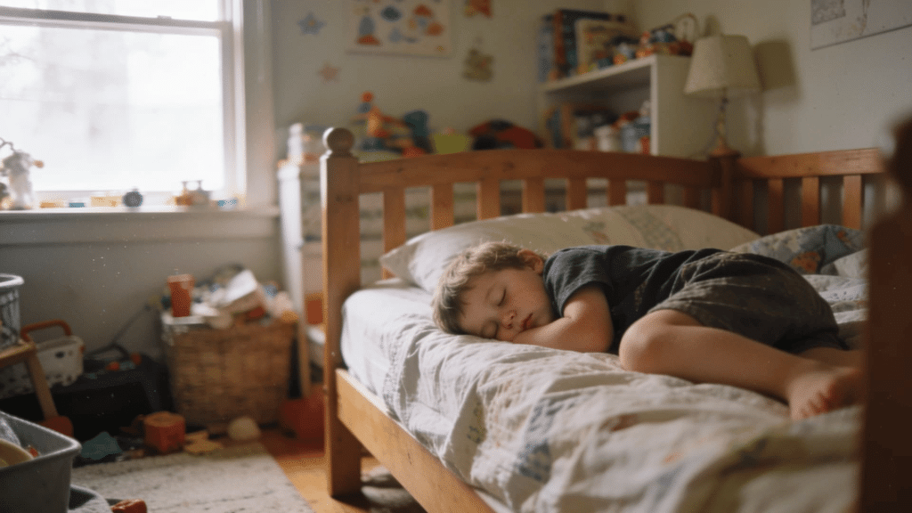 tired toddler sleeping on a wooden bed in a softly lit bedroom with toys scattered across the floor (1)