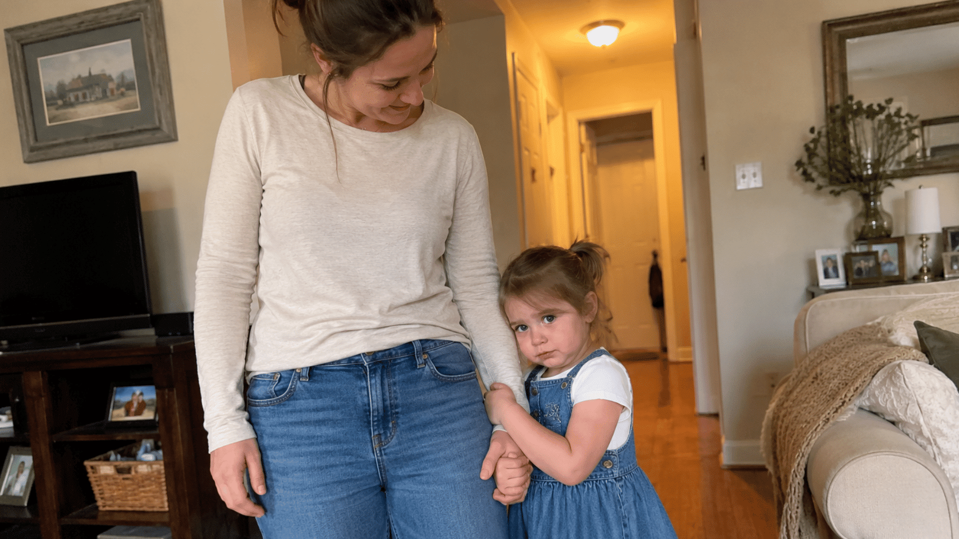 toddler clinging to mother's leg feeling shy in cozy american living room