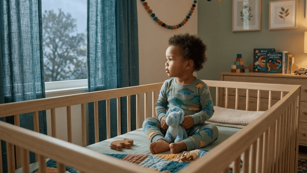 toddler in dinosaur pajamas sits inside a wooden crib holding a soft toy in a cozy nursery