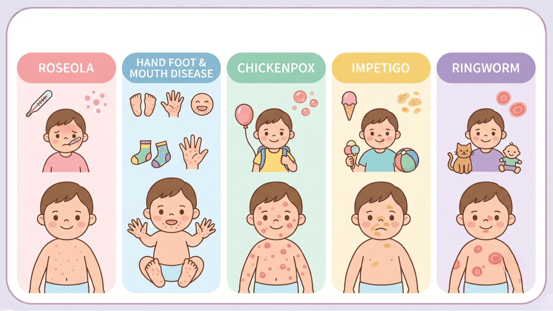 toddler rash infographic showing roseola hand foot and mouth disease chickenpox impetigo and ringworm with child illustrations and labels (1)
