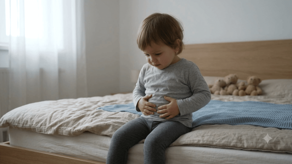 toddler sitting on a bed with both hands over the stomach while experiencing mild abdominal discomfort